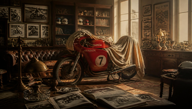 Sala de colecionador com mota clássica, sofá chesterfield, capacetes vintage e álbuns de corrida