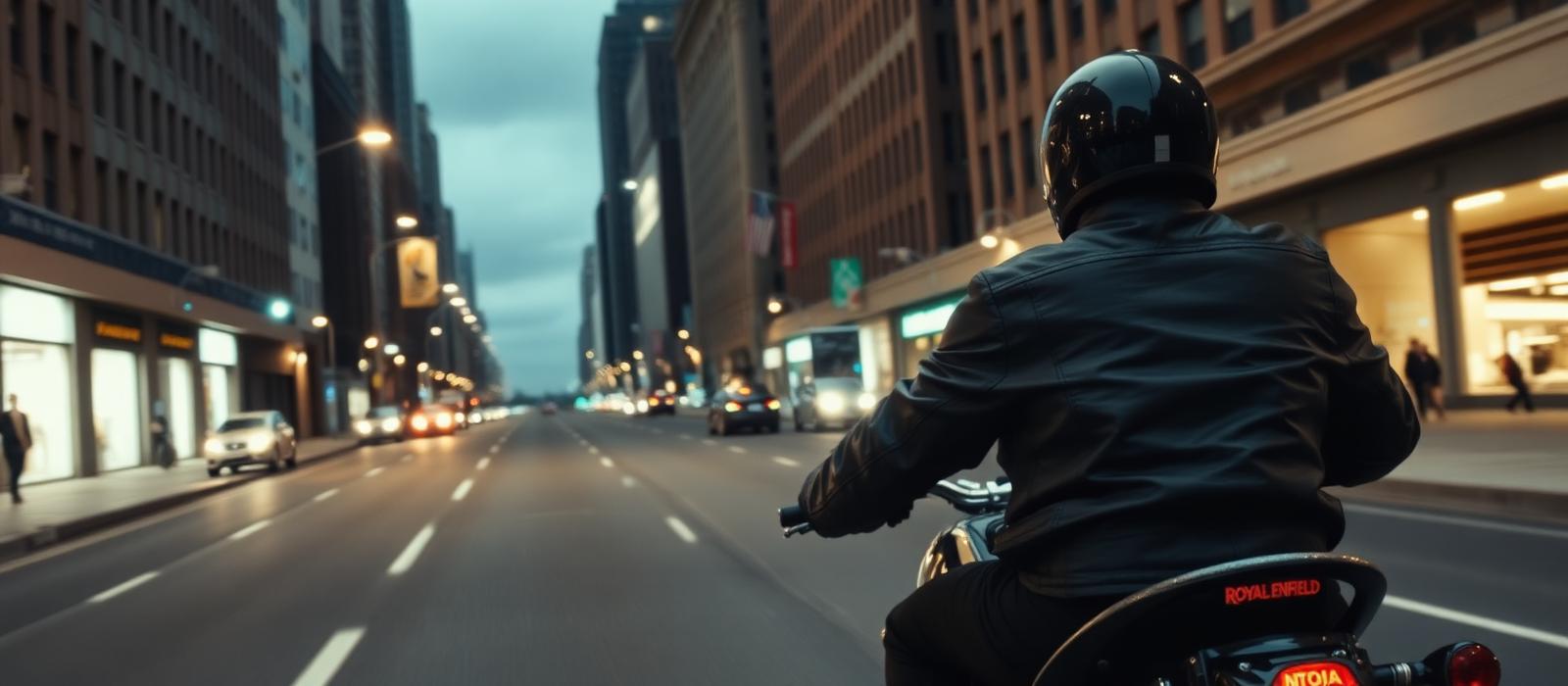 Motociclista Royal Enfield na cidade