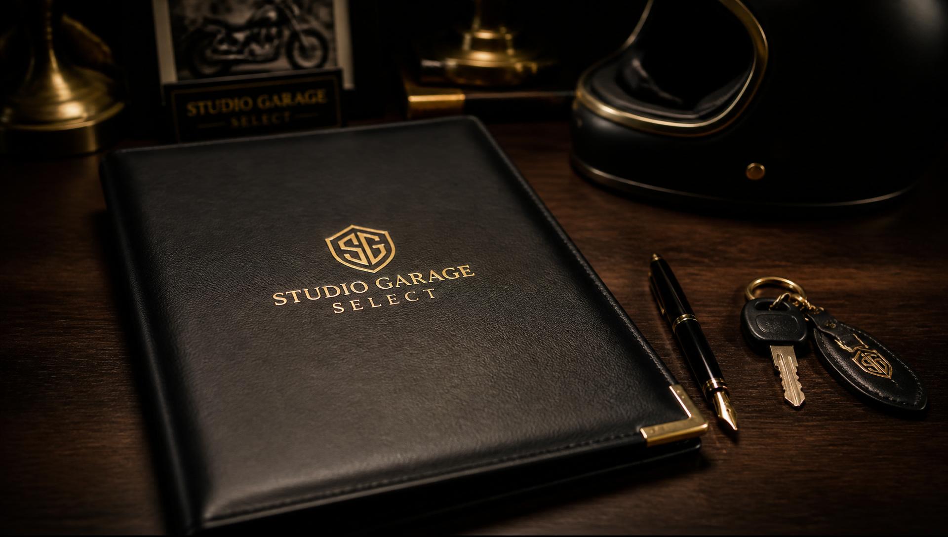 Documento institucional Studio Garage Select sobre secretária premium com caneta, chave de mota e capacete desfocado